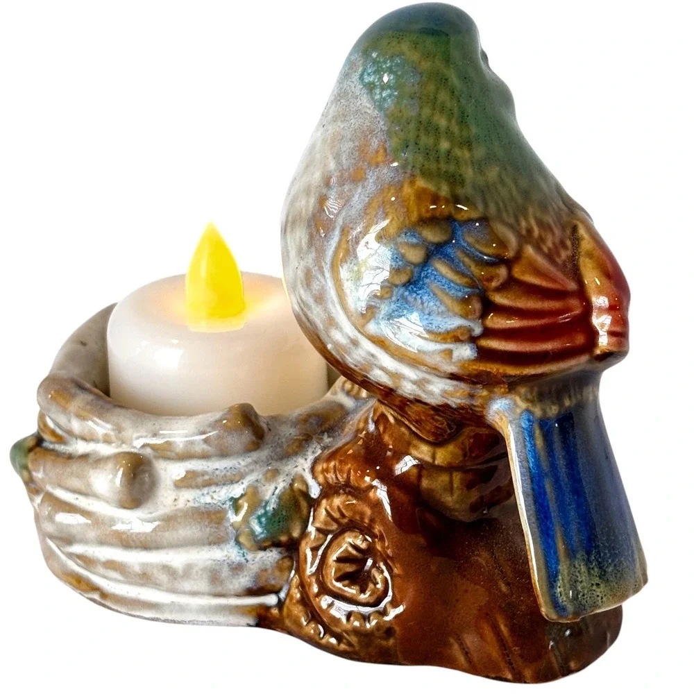 Majolica Style Ceramic Songbird Nest Votive Tealight Candle Holder Vintage
